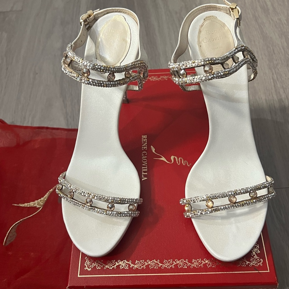 Rene Caovilla White and Gold Embellished Heels